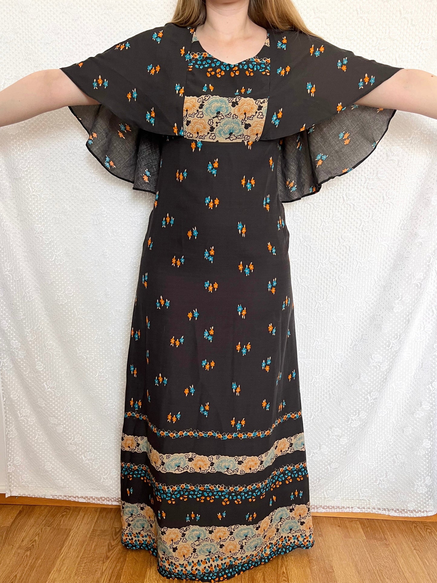 70s black floral cape dress, Size S