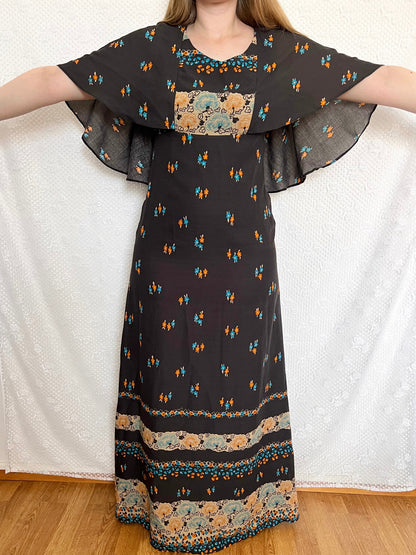 70s black floral cape dress, Size S