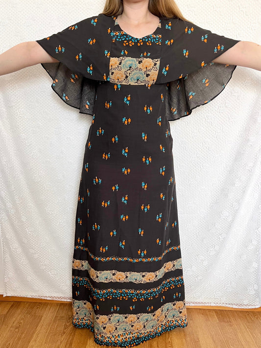 70s black floral cape dress, Size S