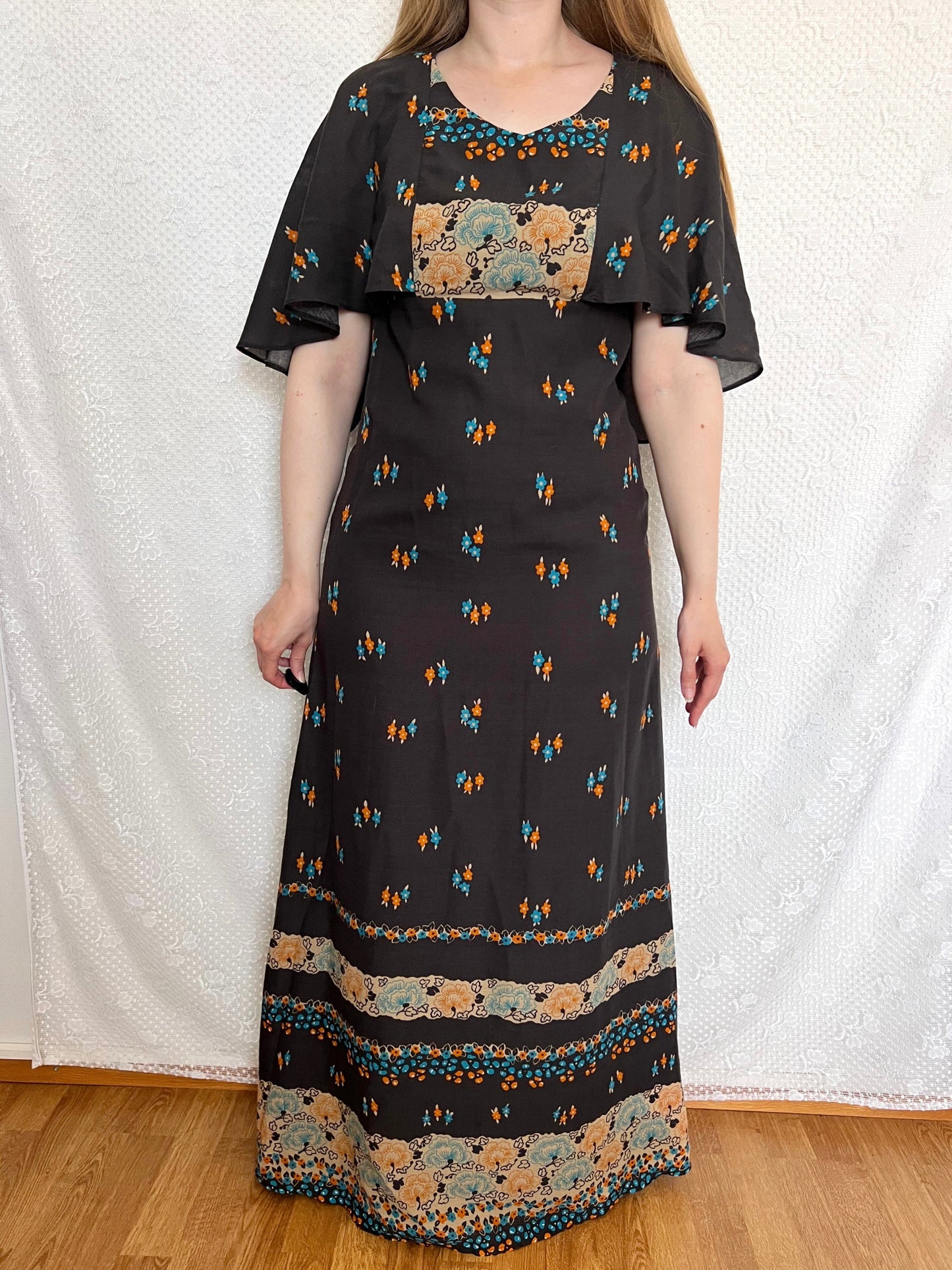 70s black floral cape dress, Size S