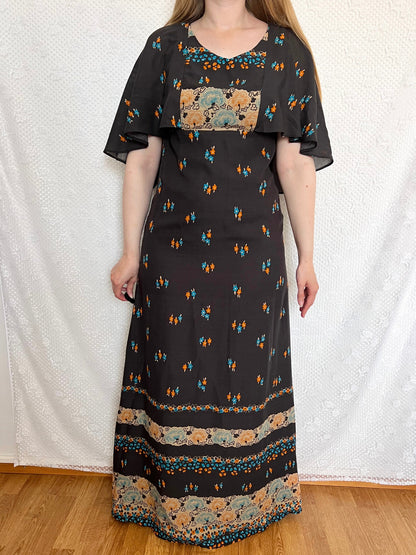 70s black floral cape dress, Size S