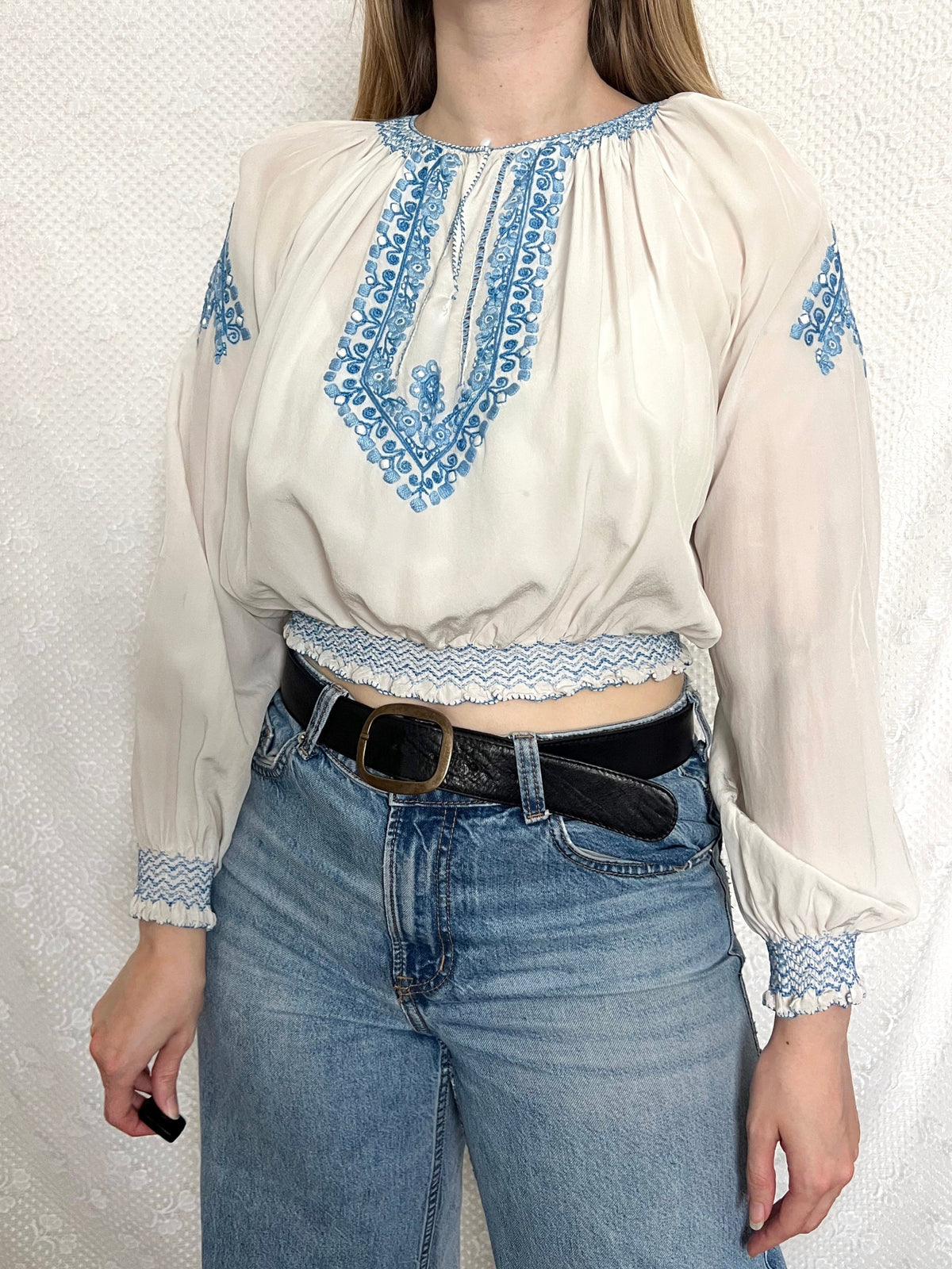 1930s Hungarian blue embroidery blouse, Size S