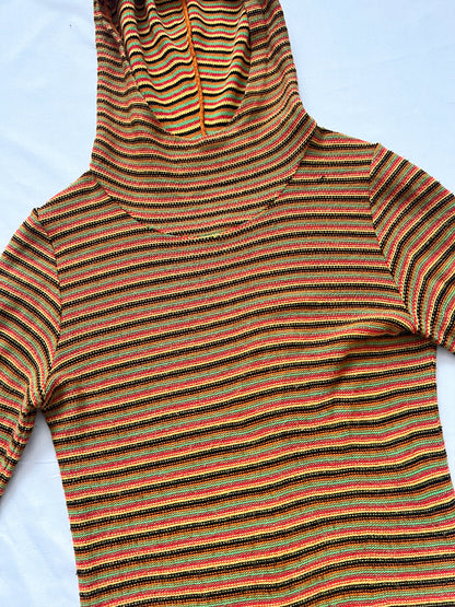 70s knitted striped hooded dress, Size S