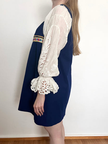 60s navy blue folk style trim dress, Size L