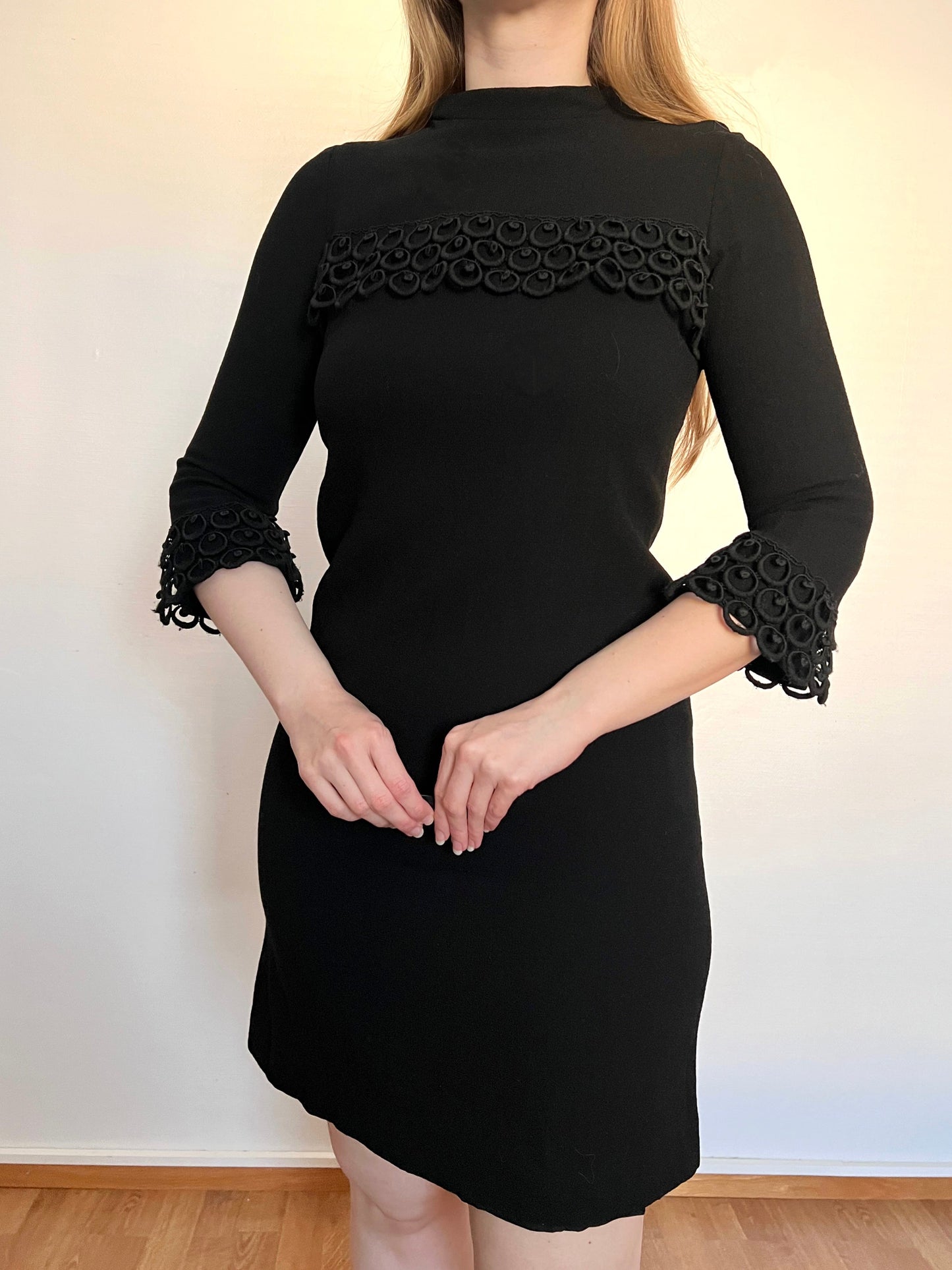 60s black round trim dress, Size S