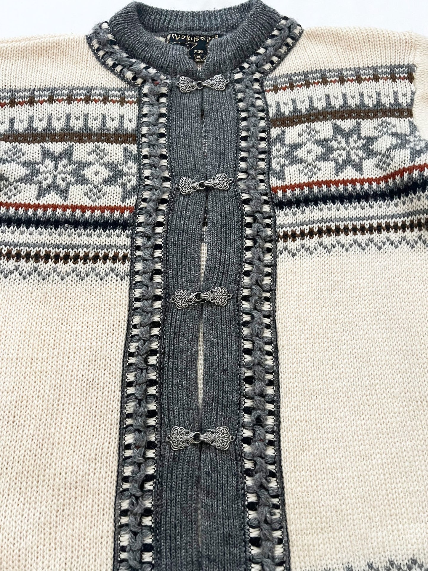 Gray & white Norwegian wool cardigan, Size XL