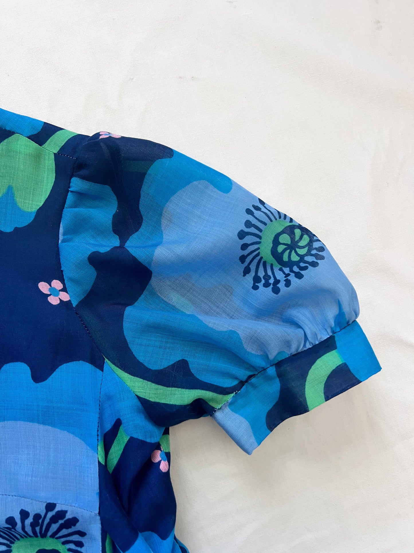 70s blue floral dress, Size XS-S