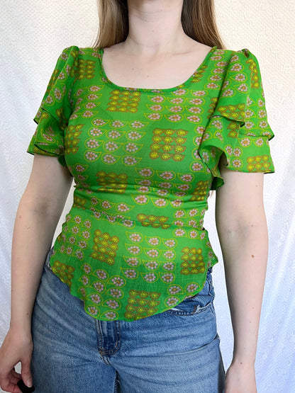 70s green flutter sleeves t-shirt, Size XS