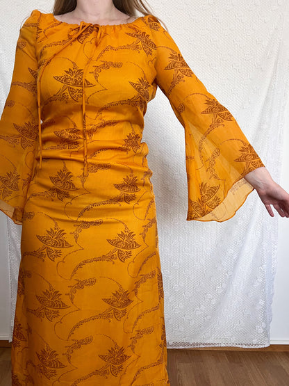 70s orange bell sleeves dress, Size XS