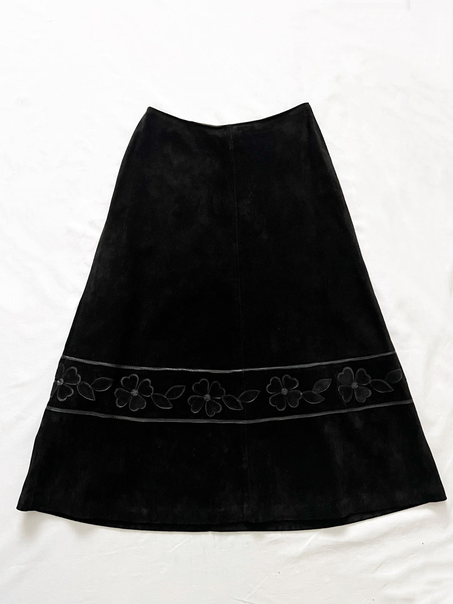 60s black suede flower skirt, Size XS