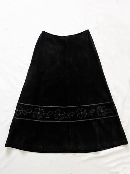 60s black suede flower skirt, Size XS