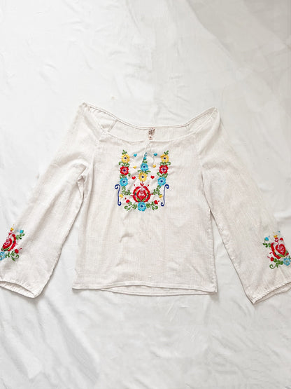 70s floral embroidery white blouse, Size S