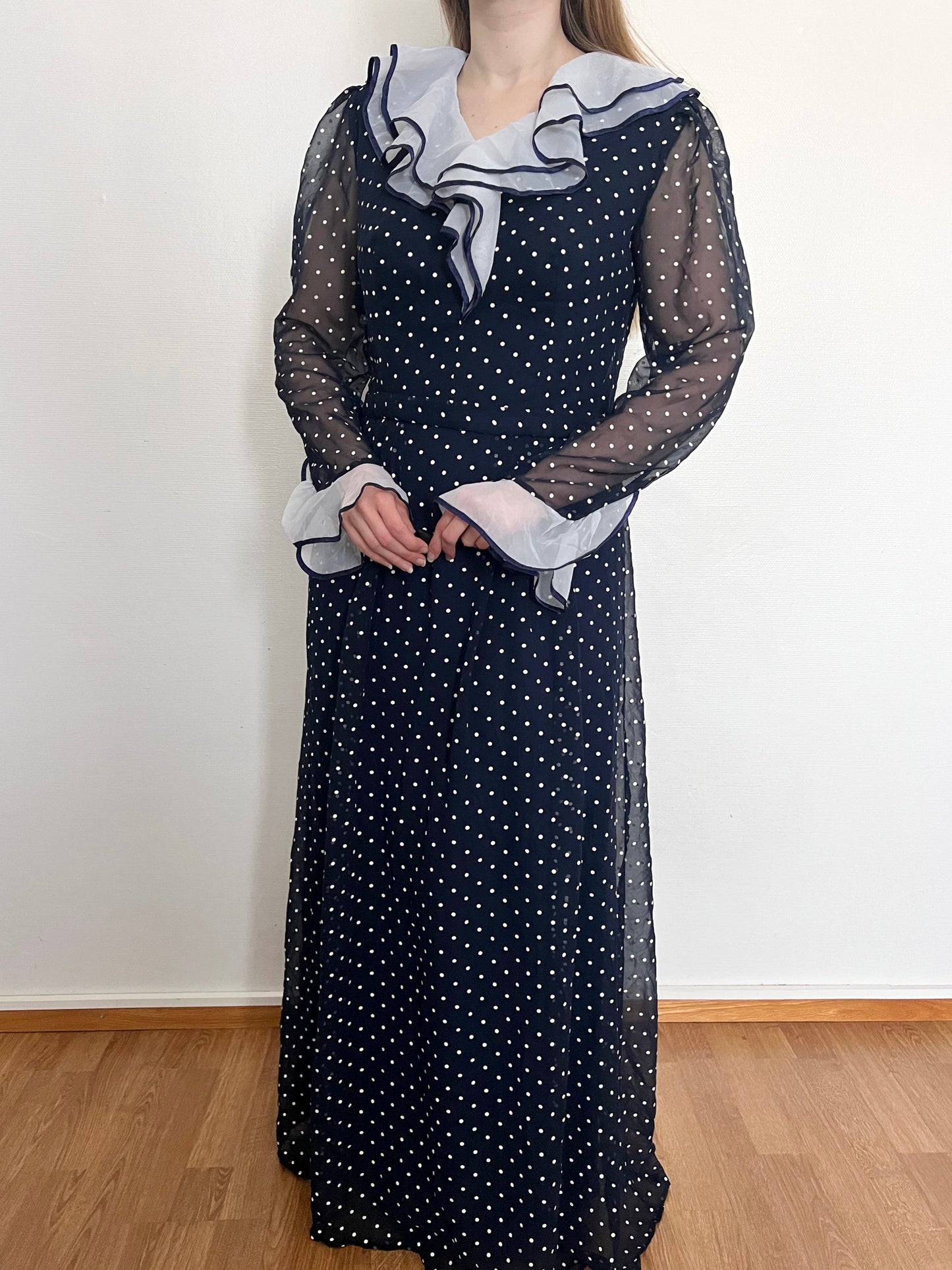 70s blue and white polka dot dress, Size M