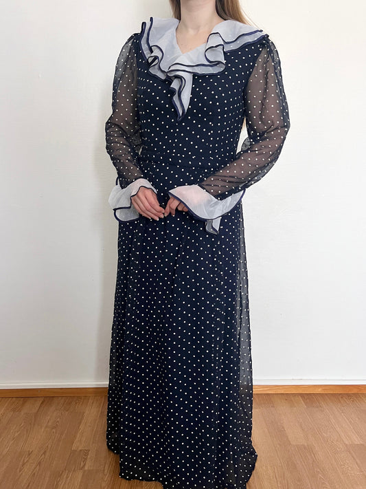 70s blue and white polka dot dress, Size M