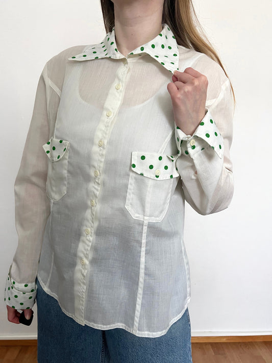 60s white and green polka dot shirt, Size L-XL