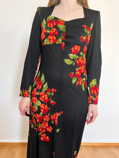 70s black flower dress, Size M-L