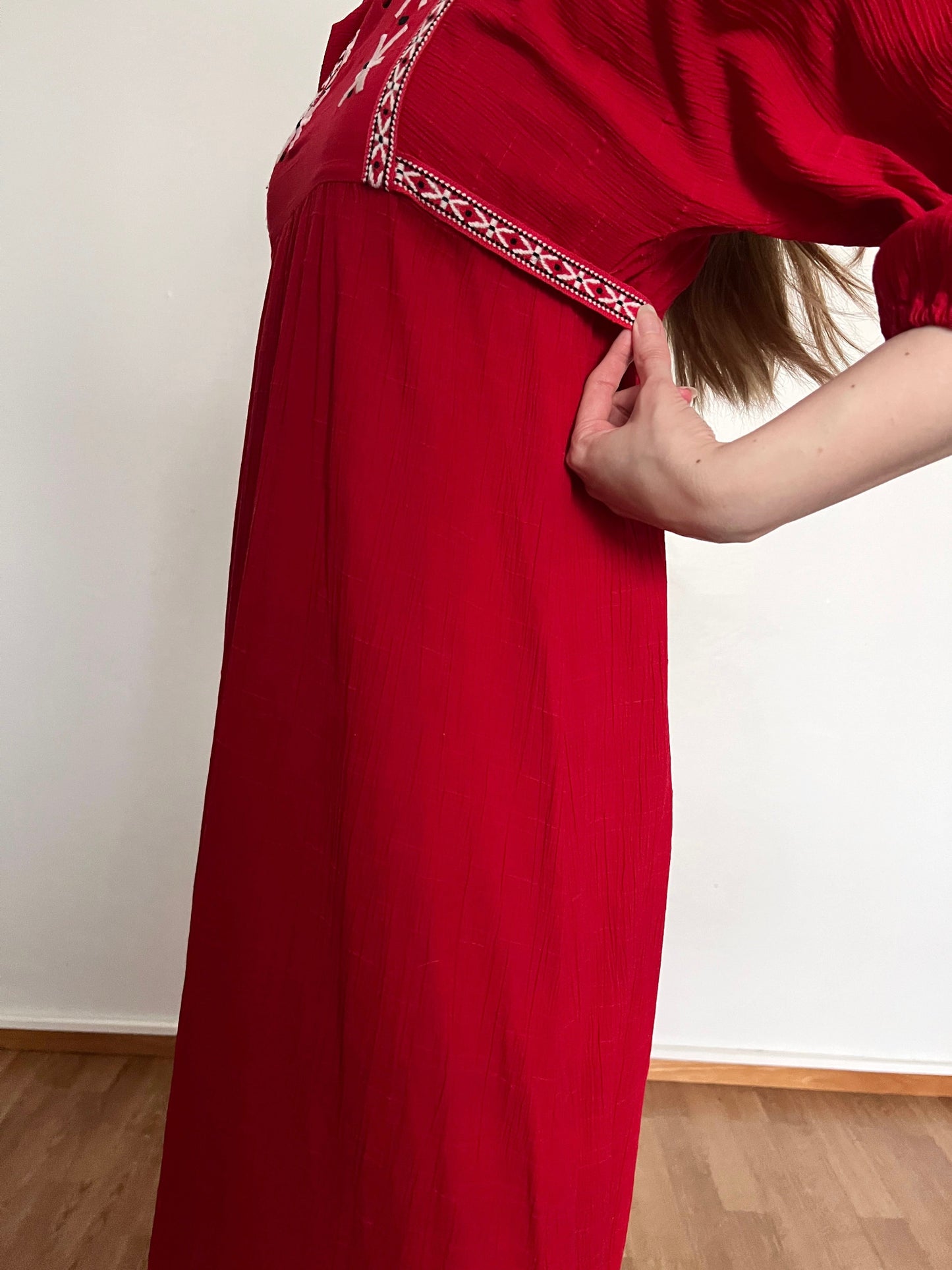 70s red bohemian dress, Size XS-S