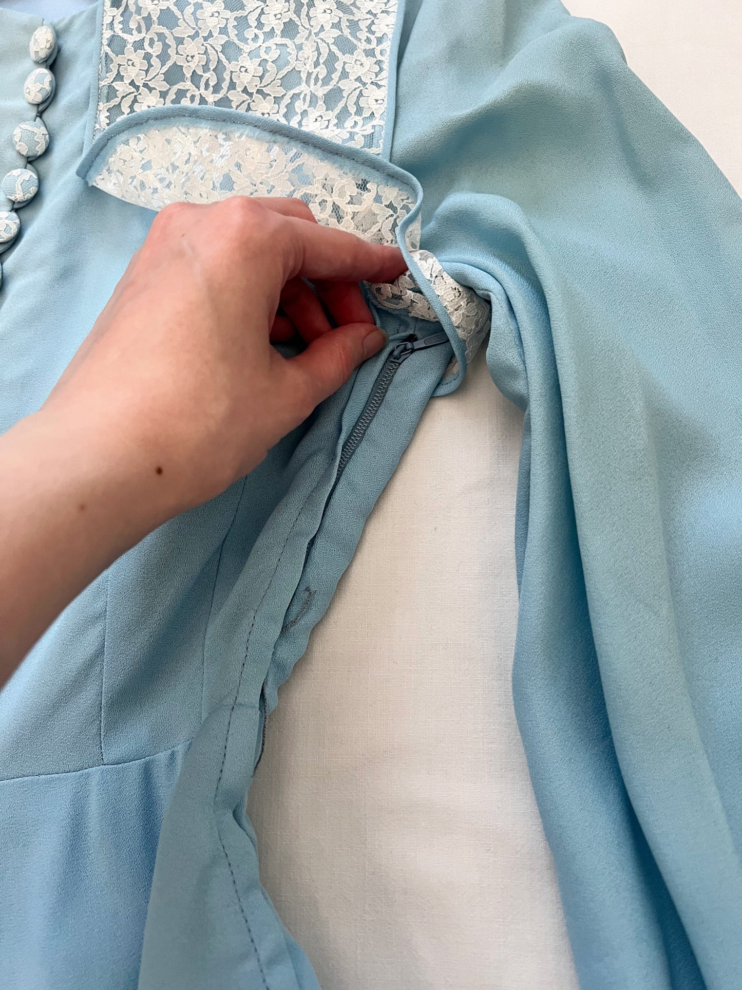 60s blue mini dress with lace vest, Size XS