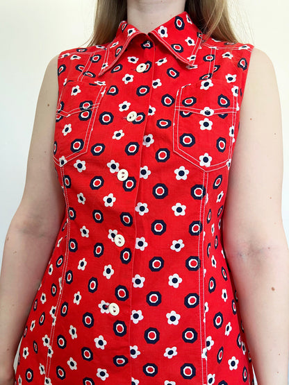 60s red flower mini dress, Size M