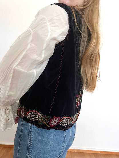 60s black velvet beaded vest, Size M-L