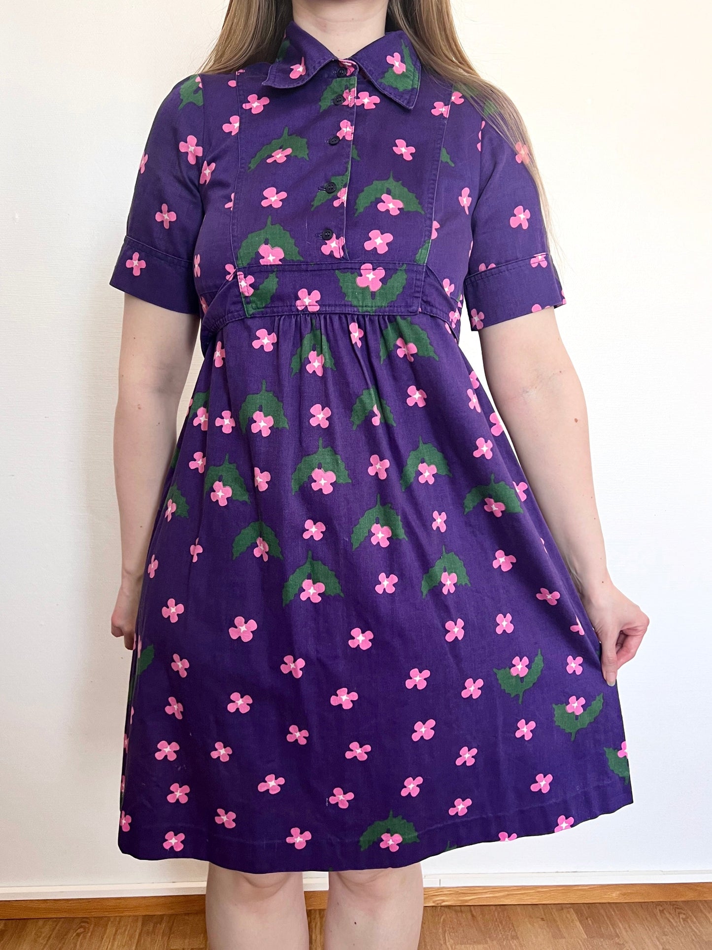 70s purple floral cotton, dress, Size XS-S