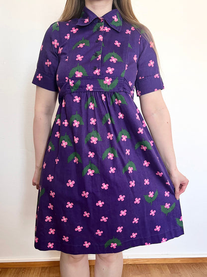 70s purple floral cotton, dress, Size XS-S