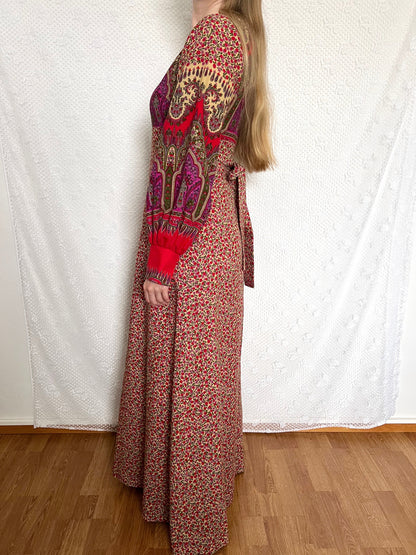 70s red floral Medieval revival maxi dress, Size S-M