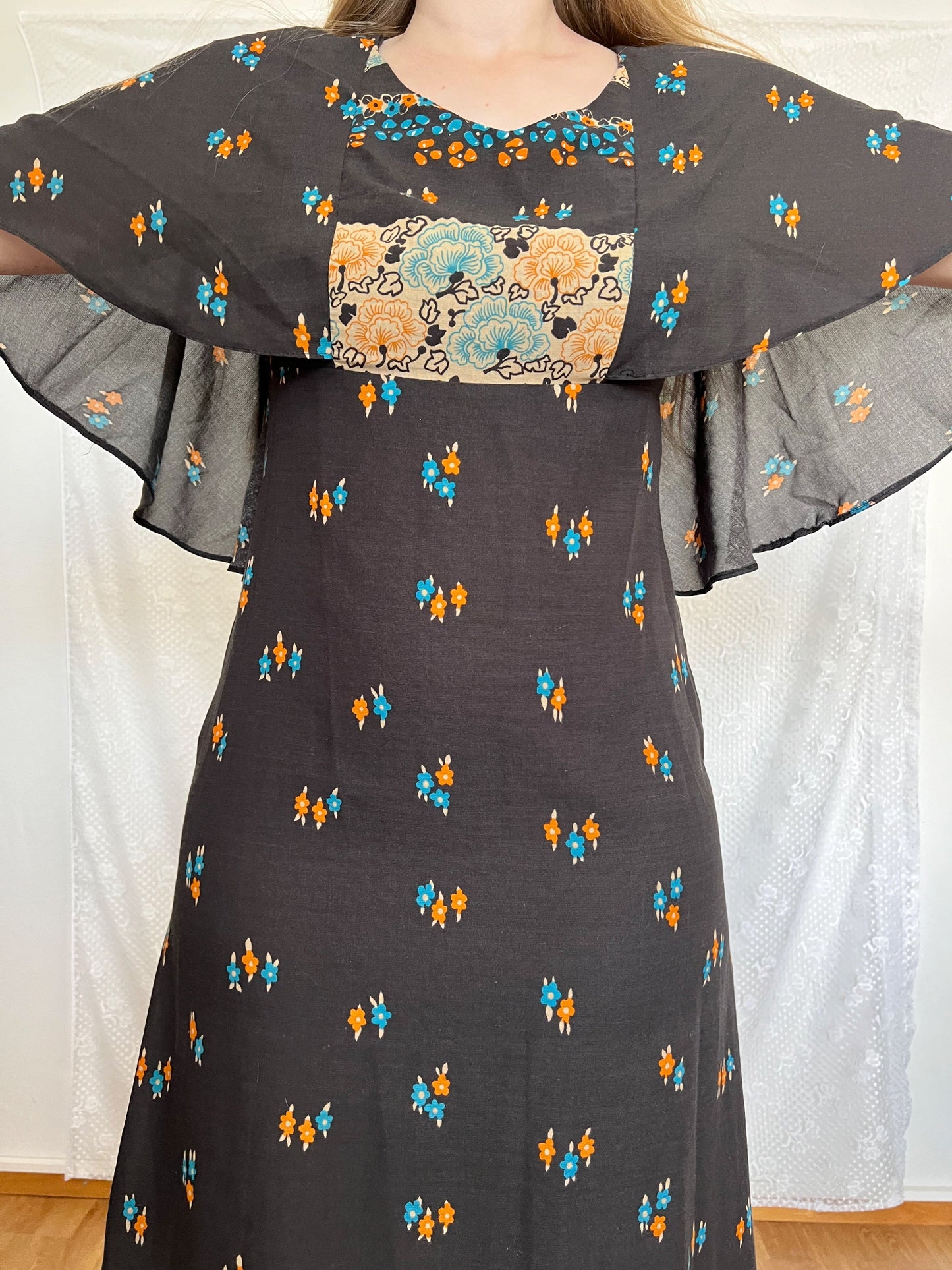 70s black floral cape dress, Size S