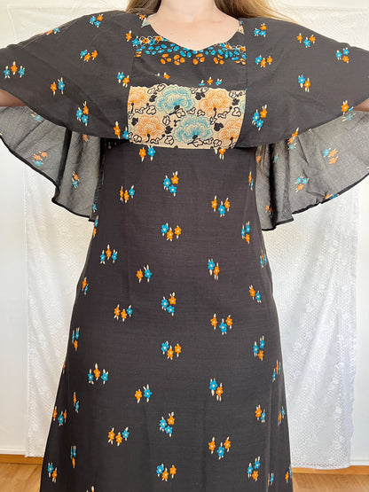 70s black floral cape dress, Size S