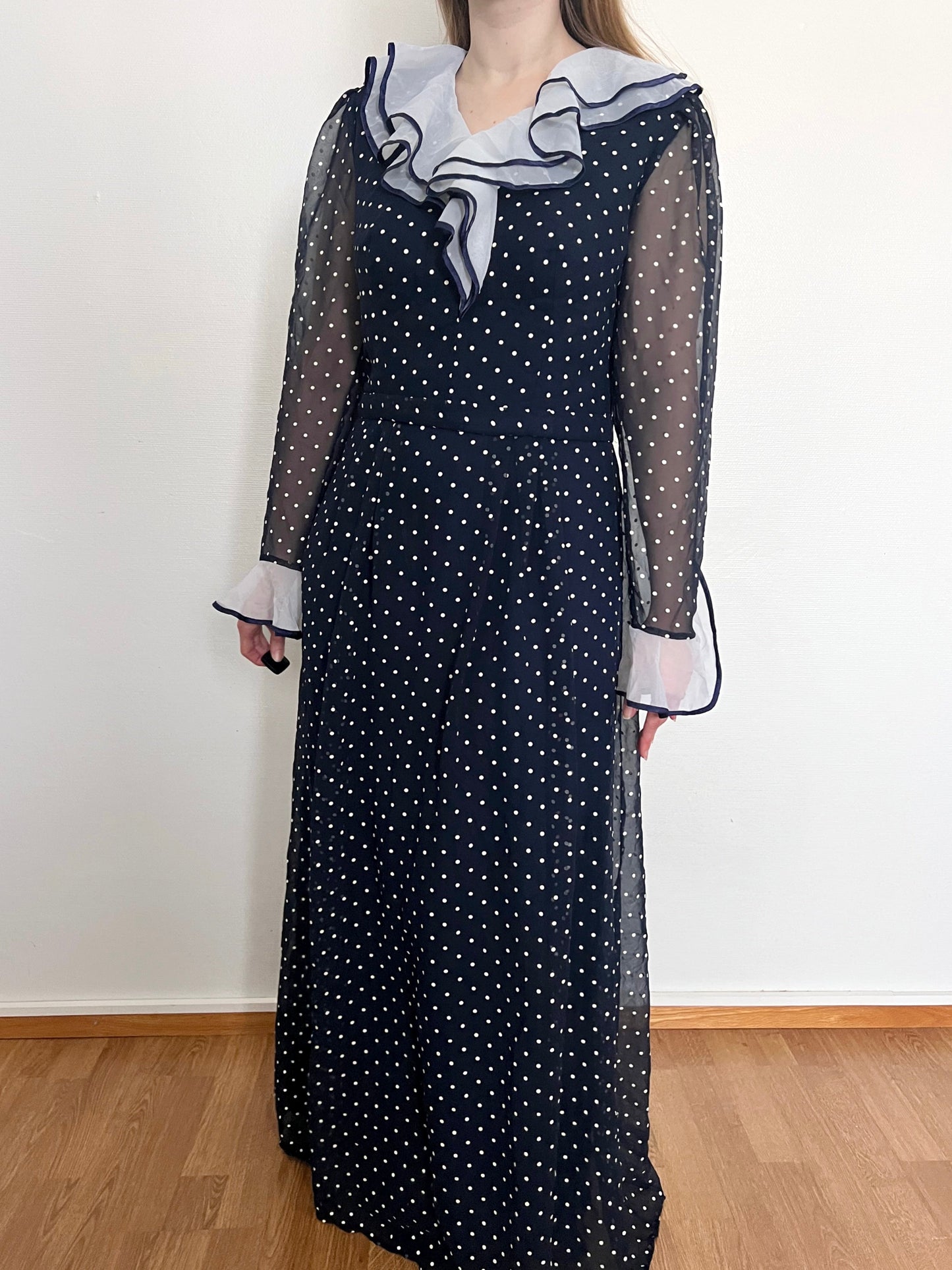 70s blue and white polka dot dress, Size M