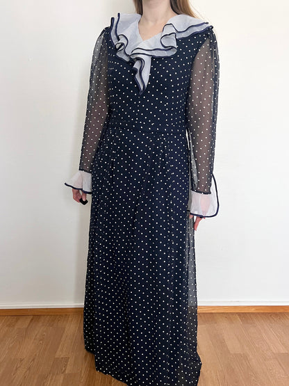 70s blue and white polka dot dress, Size M