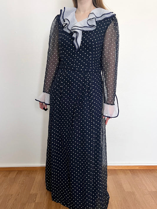 70s blue and white polka dot dress, Size M