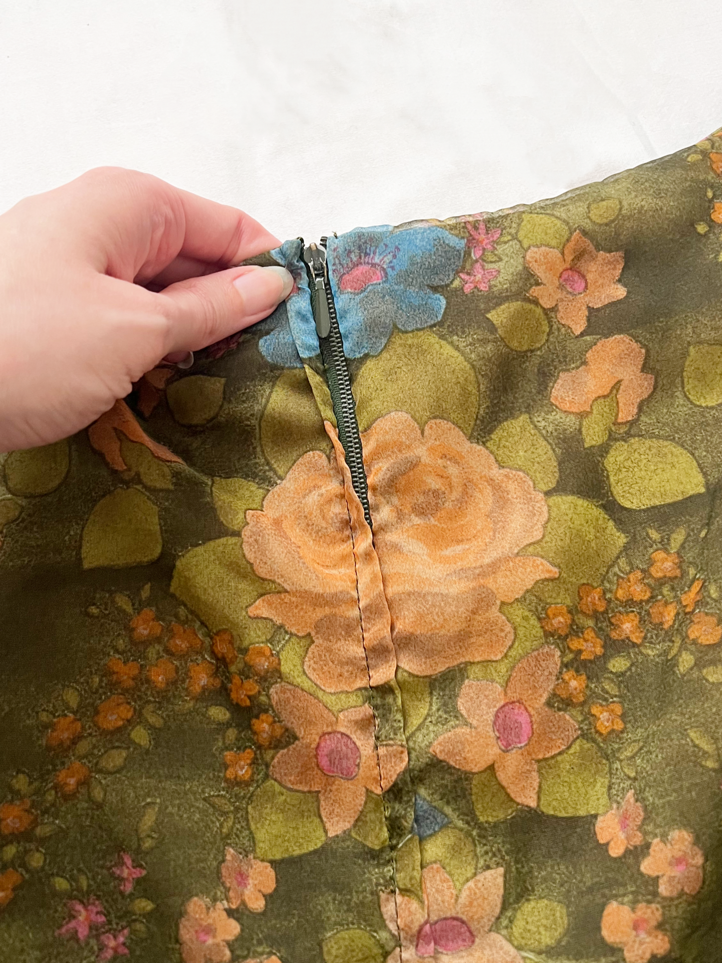 60s green floral dress, Size XS-S