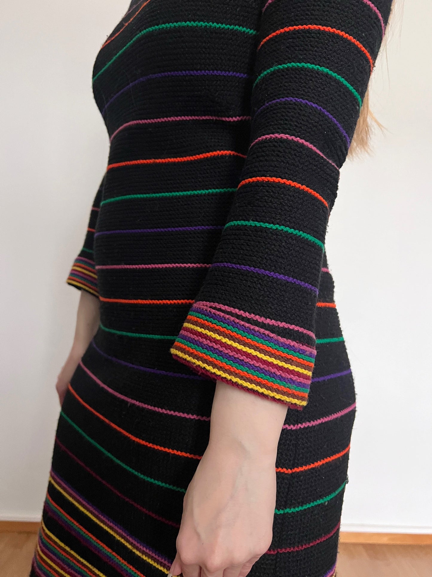 70s black & colorful striped knitted dress, Size S