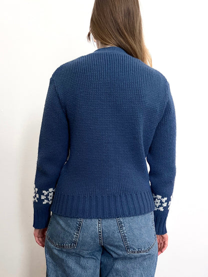 70s blue and white cardigan, Size M-L