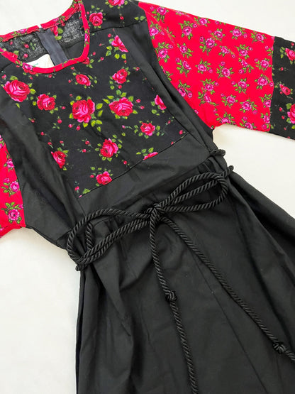 70s black and red flower dress, Size S