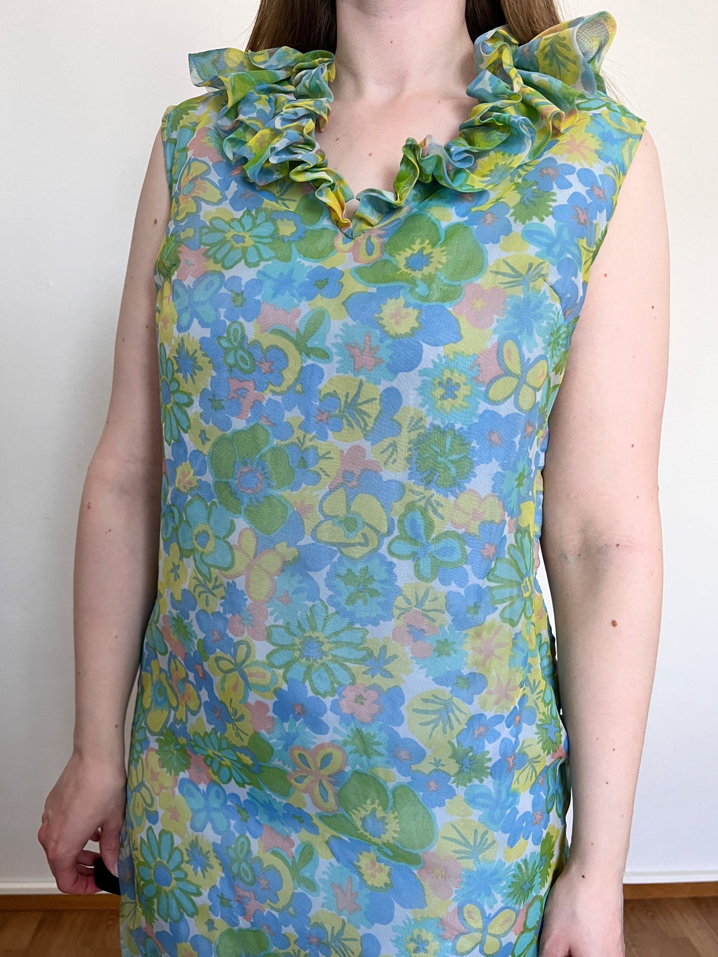 60s floral ruffle dress, Size M-L