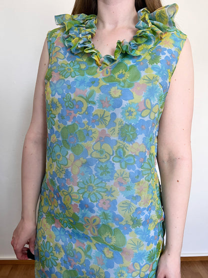 60s floral ruffle dress, Size M-L