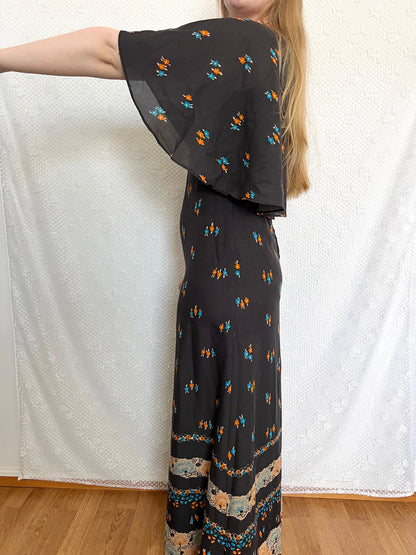 70s black floral cape dress, Size S