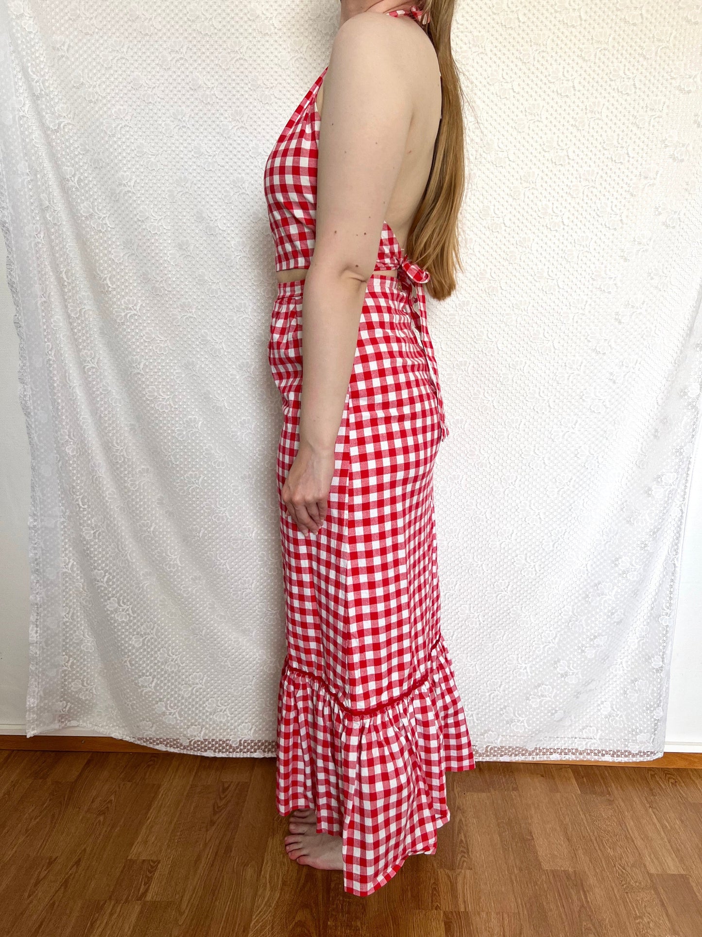 70s gingham open back halter neck and skirt set, Size S