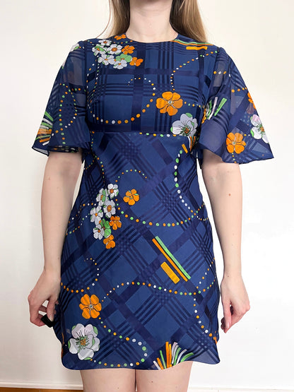 70s blue flared sleeves mini dress, Size XS-S