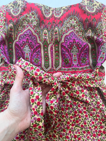 70s red floral Medieval revival maxi dress, Size S-M