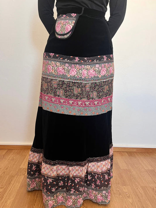 70s velvet and floral maxi skirt, Size S