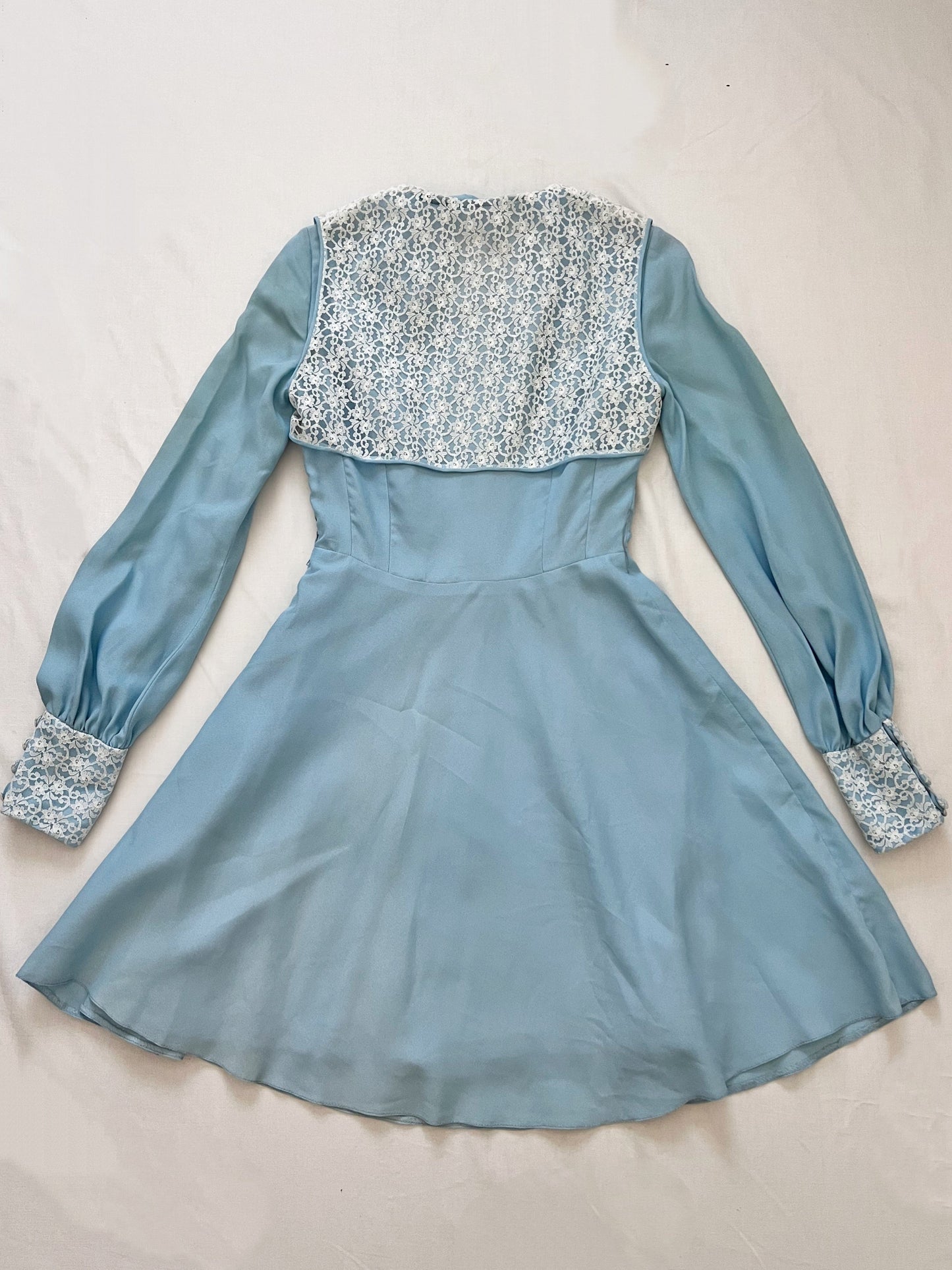 60s blue mini dress with lace vest, Size XS