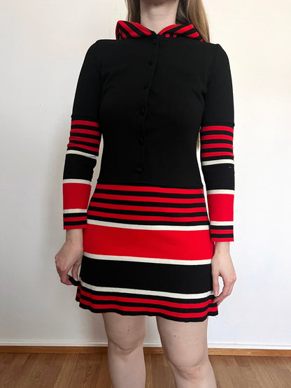 70s black striped hooded dress, Size S