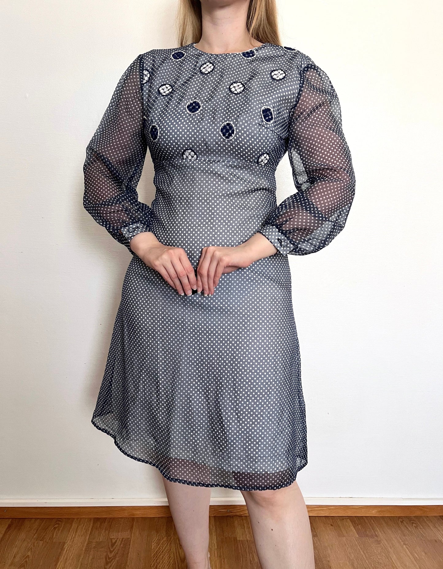 60s blue and white polka dot dress, Size XS-S