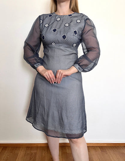 60s blue and white polka dot dress, Size XS-S