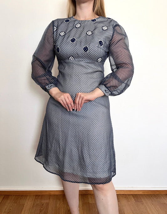60s blue and white polka dot dress, Size XS-S