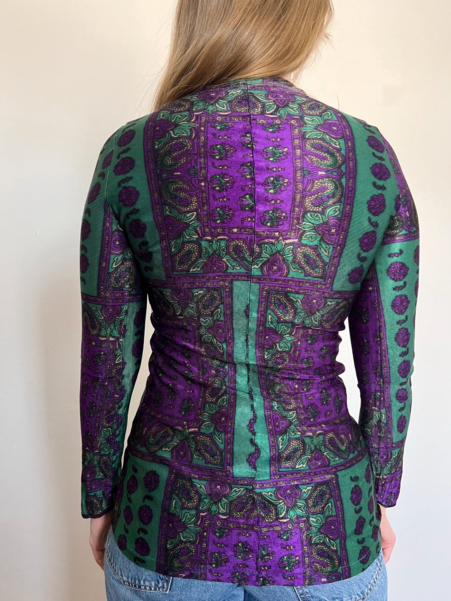 60s green and purple paisley top, Size XS