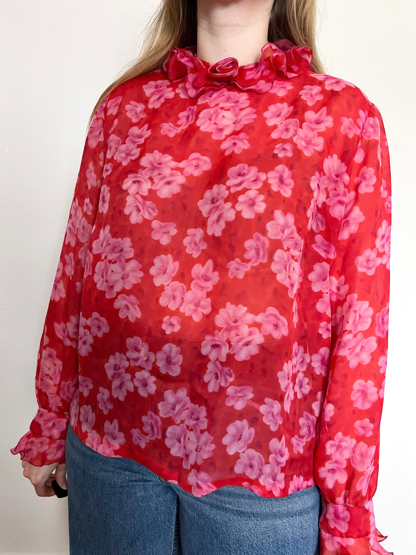 Red and pink floral blouse, Size XL